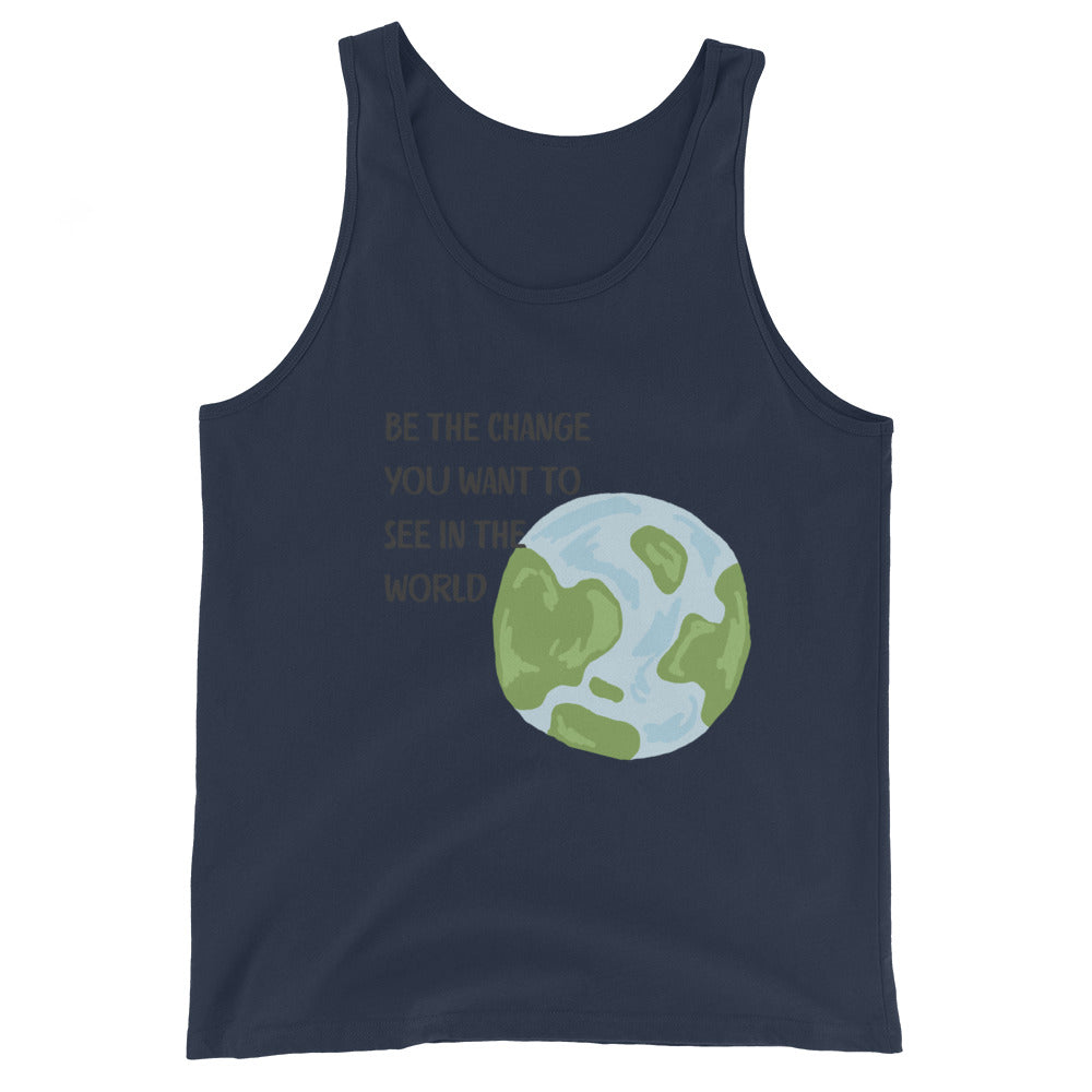 Change Signal Men's Tank Top - Left Placement image 2 in Black, size S, showing front view for the Be the Change design.
