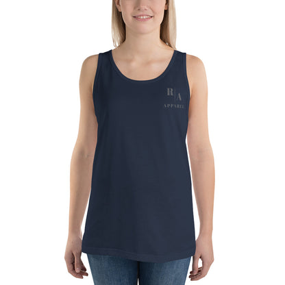 Urban Men's Tank Top - Left Placement 27 by R.A. Apparel, image 7, front view, Navy, size XS, left placement.