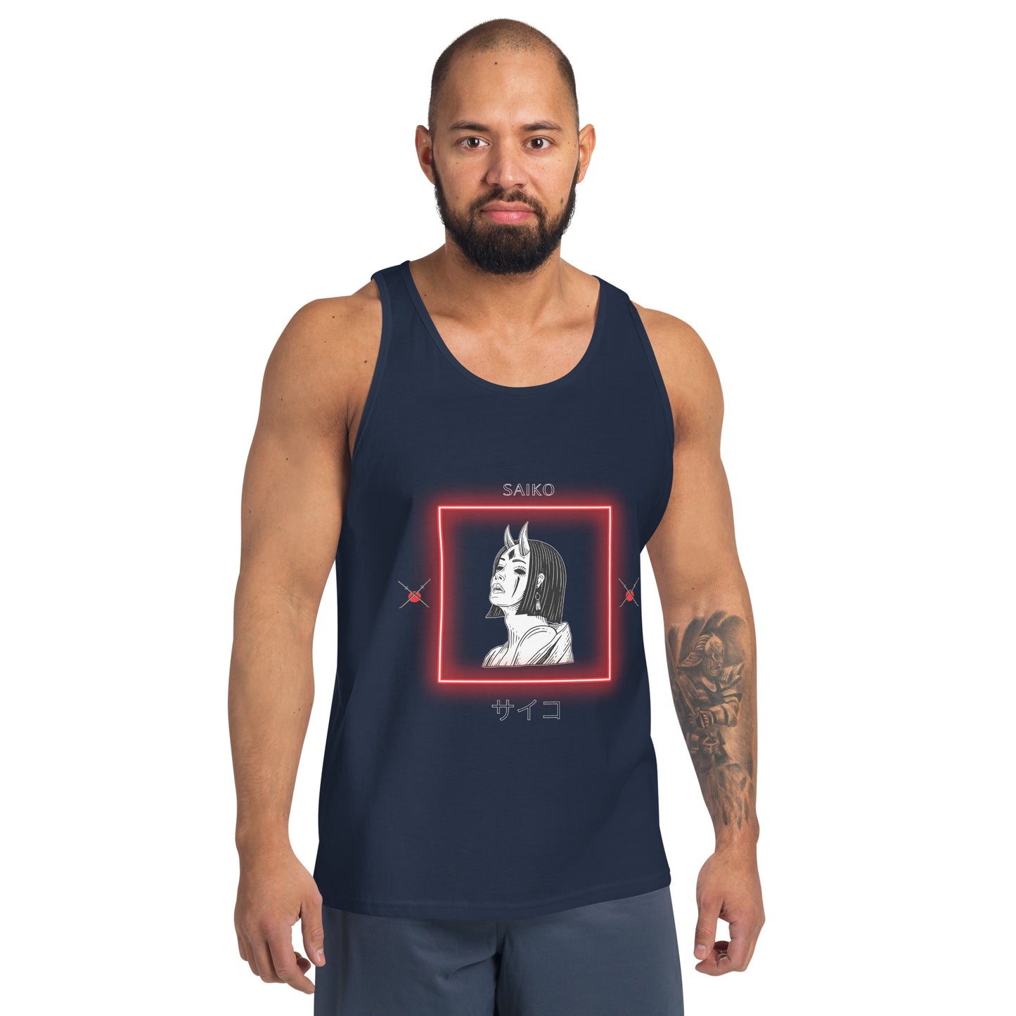 Saiko Men's Tank Top - Left Placement 30 image 7: Navy version, size XS with front view of the Saiko range.