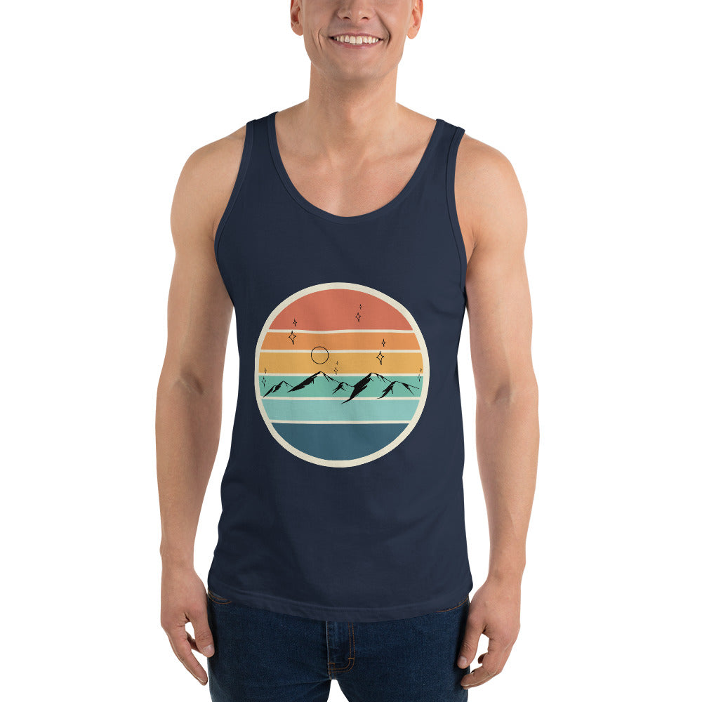 Summitline Men's Tank Top - Left Placement image 7 in Navy, size XS, showing front view for the Mountain Range design.