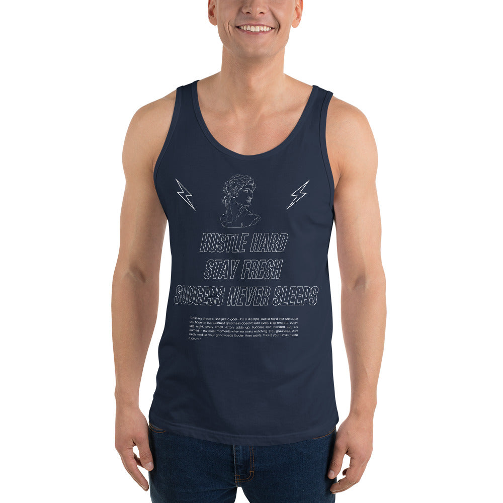 Workrate Men's Tank Top - Left Placement image 7: Navy version, size XS with front view of the Hustle Hard range.
