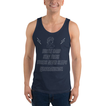 Workrate Men's Tank Top - Left Placement image 7: Navy version, size XS with front view of the Hustle Hard range.