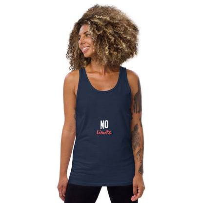 Limitless Men's Tank Top - Left Placement image 10: Navy version, size L with front view of the No Limits range.
