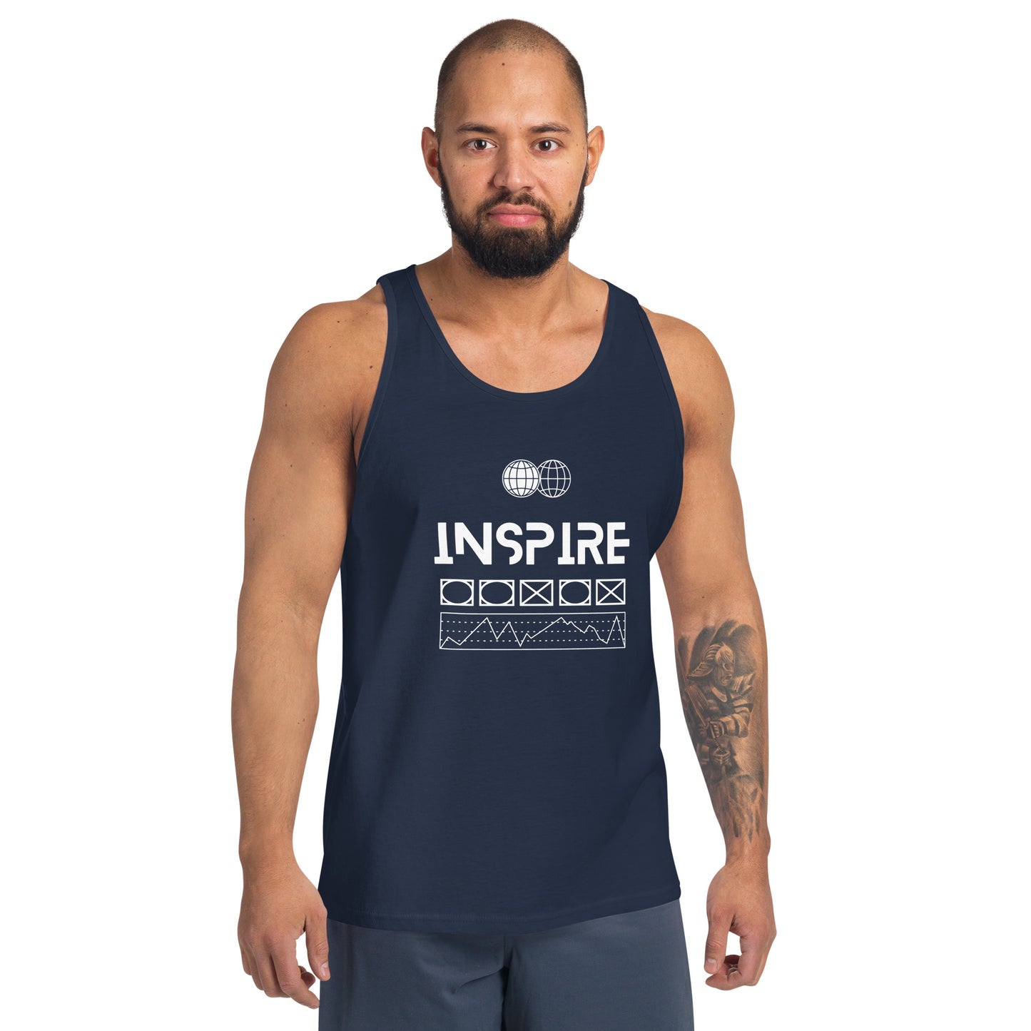 Inspireline Men's Tank Top - Left Placement image 7: Navy version, size XS with front view of the Inspire range.