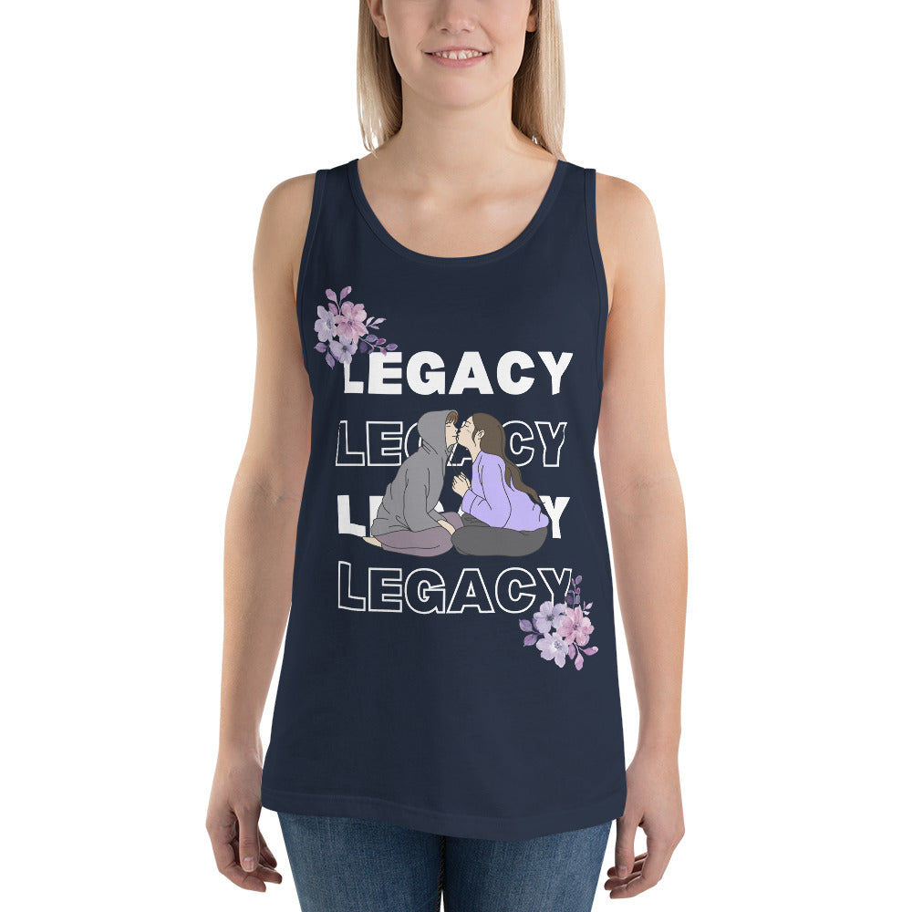 Image 7 of Navy Heirloom Men's Tank Top - Left Placement, size S, with Legacy artwork visible in front view.