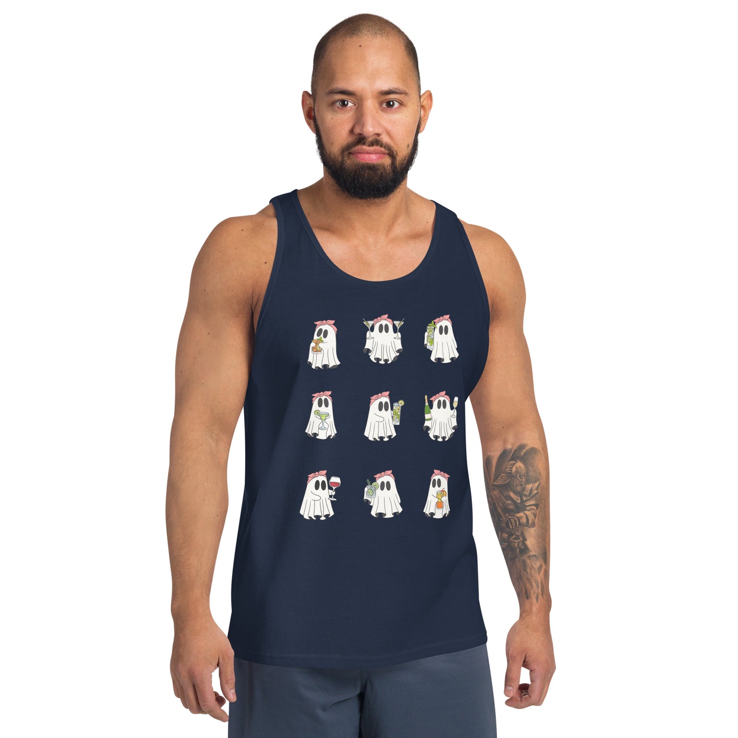 Little Haunts Men's Tank Top - Left Placement image 7 in Navy, size S, showing front view for the Ghosties 1 design.