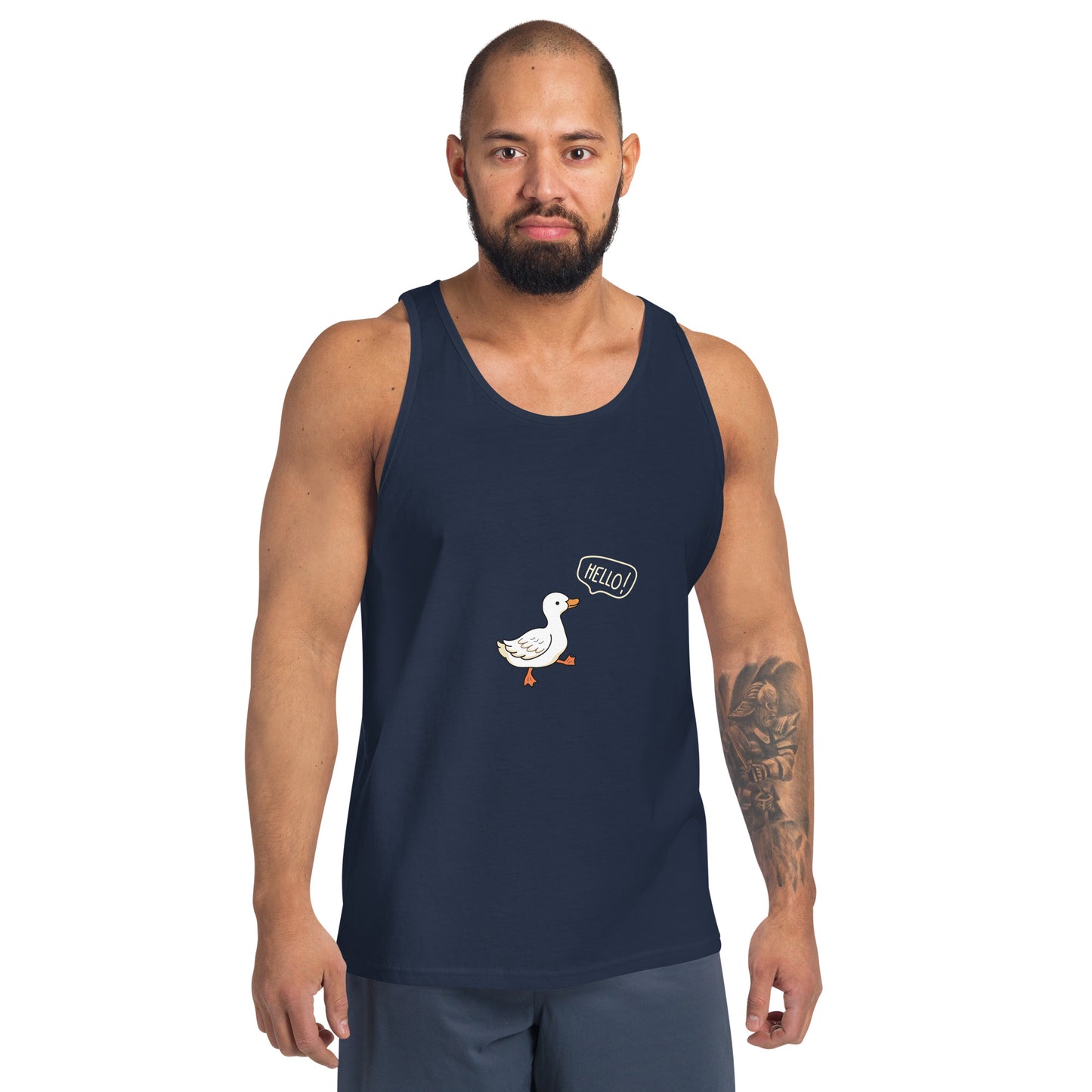 Image 3 of Black Quacksy Tank Top, size L, with Hello Duck artwork visible in front view.