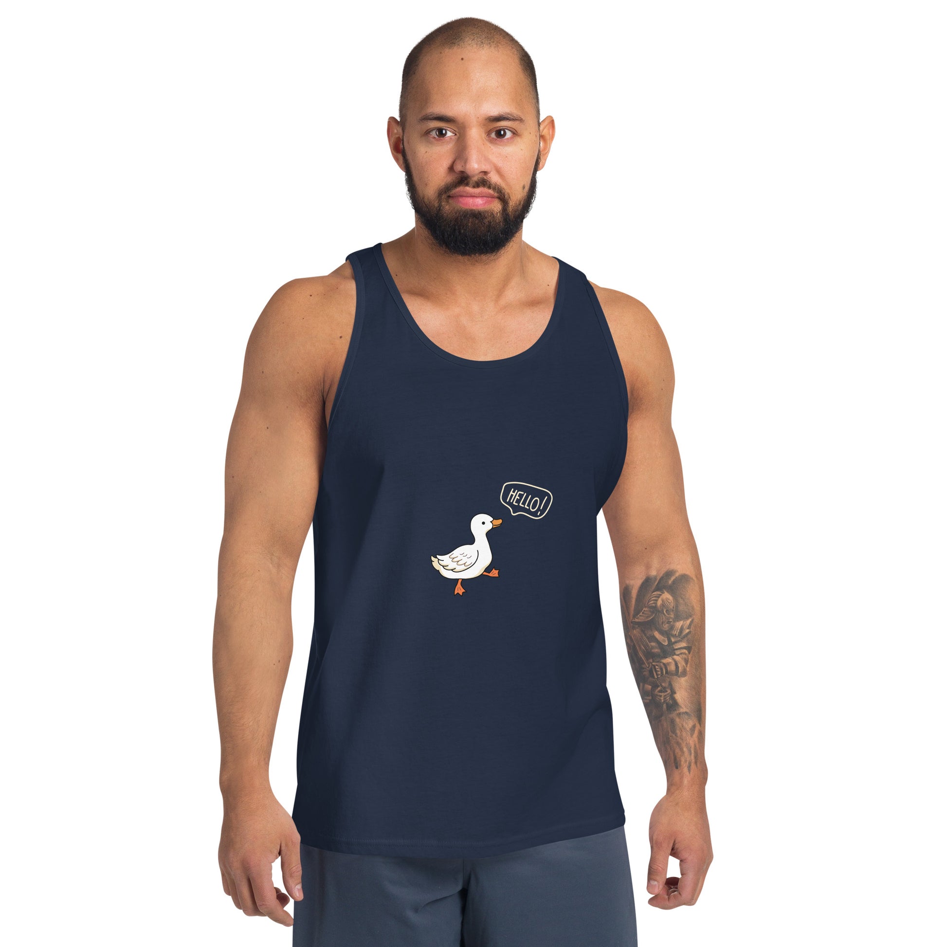Image 3 of Black Quacksy Tank Top, size L, with Hello Duck artwork visible in front view.