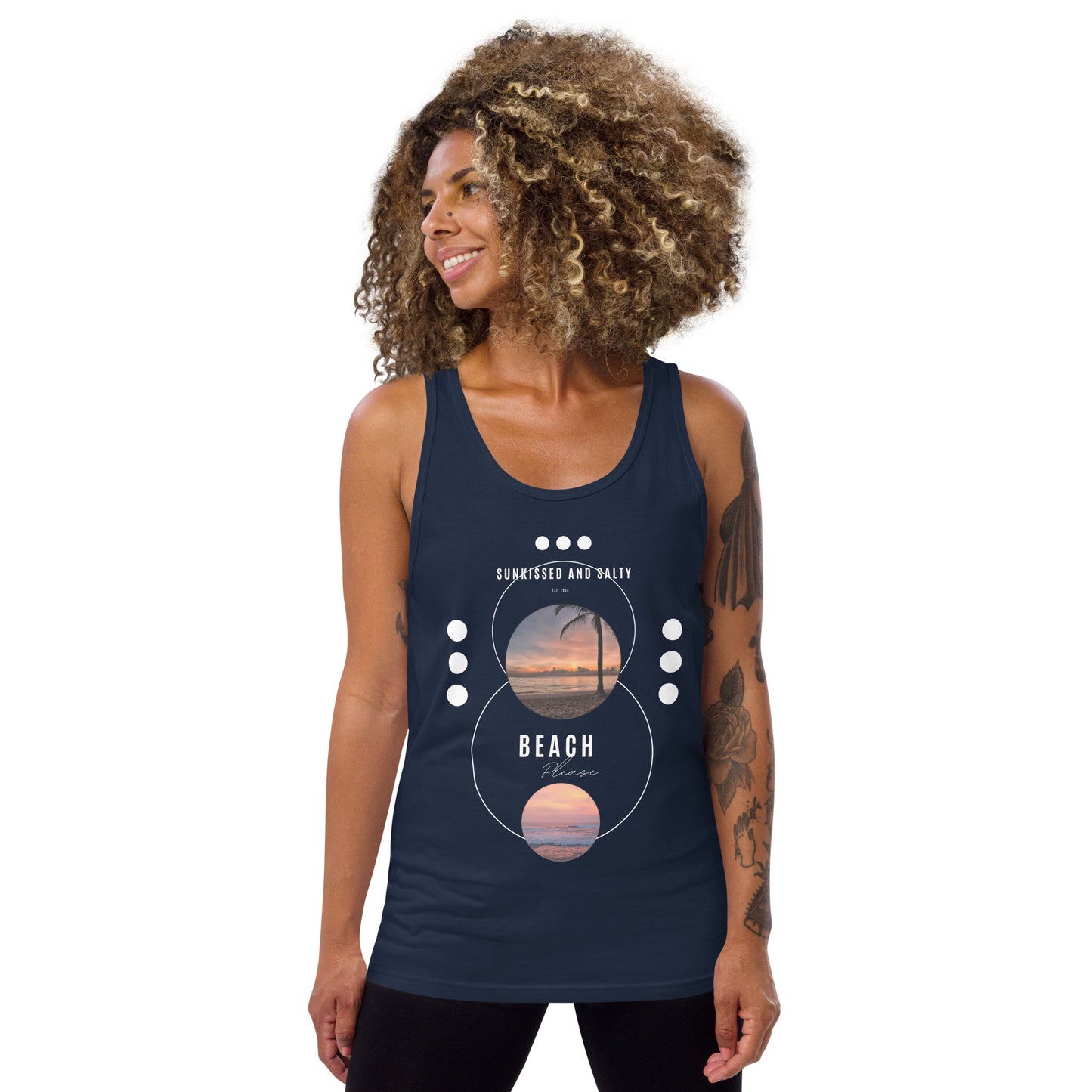 Image 10 of Navy Coastline Attitude Men's Tank Top - Left Placement, size L, with Beach Please artwork visible in front view.