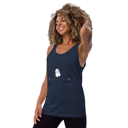 Image 8 of Red Boo Luxe Men's Tank Top - Left Placement, size S, with Fa Boo Lous artwork visible in front view, left-side angle.