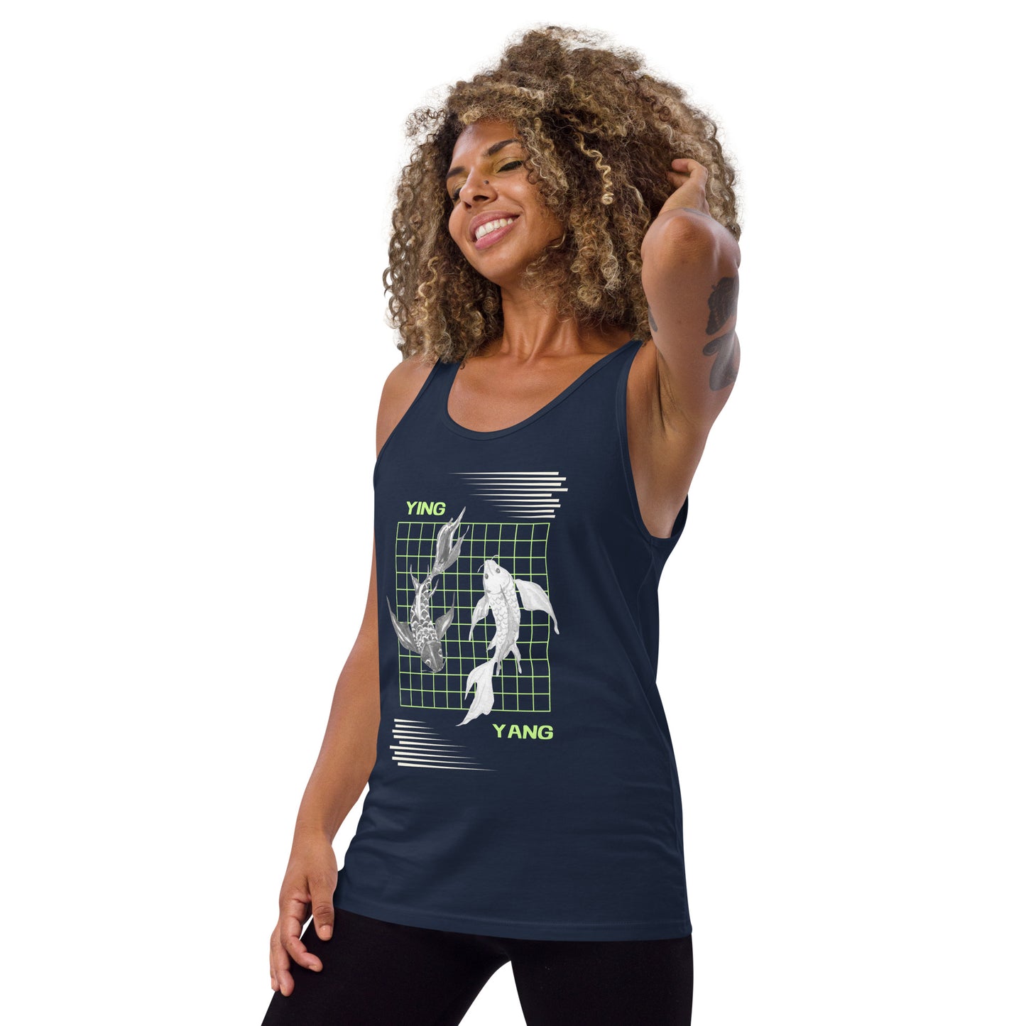 Equinoxe Tank Top by R.A. Apparel, image 5, front view, left-side angle, Black, size 2XL, design placement.