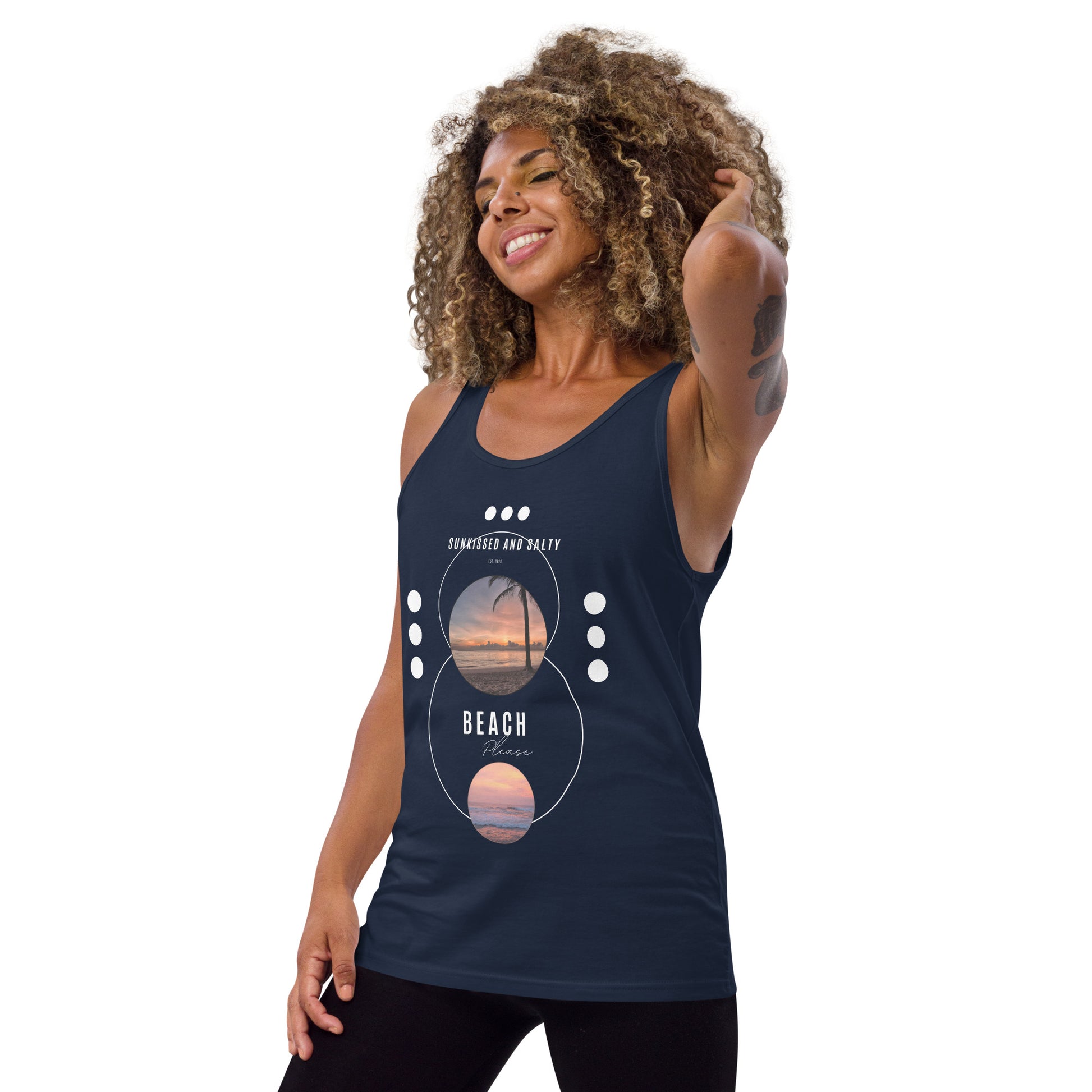 Coastline Attitude Men's Tank Top - Left Placement image 11 in Navy, size XL, showing front view, left-side angle for the Beach Please design.