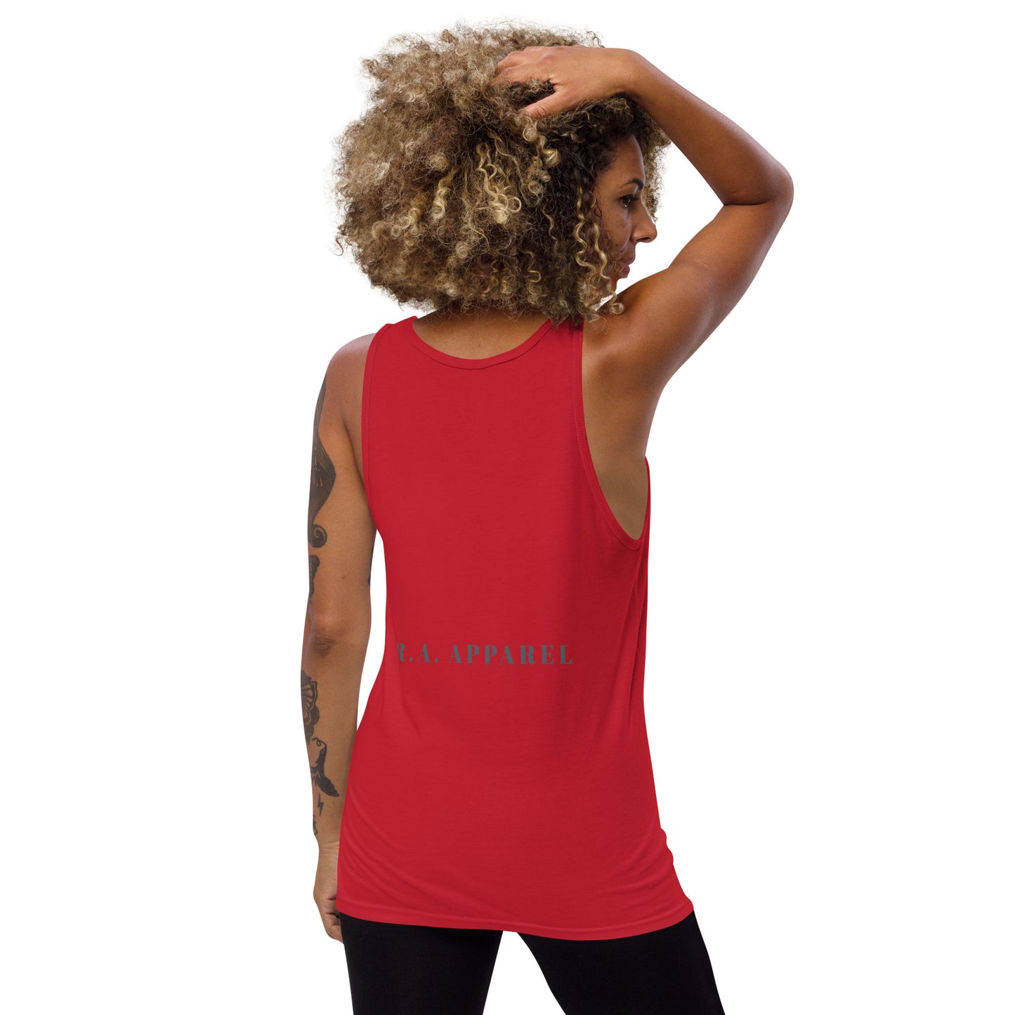 Image 15 of Red Urban Men's Tank Top - Left Placement 26, size M, with Urban artwork visible in back view.