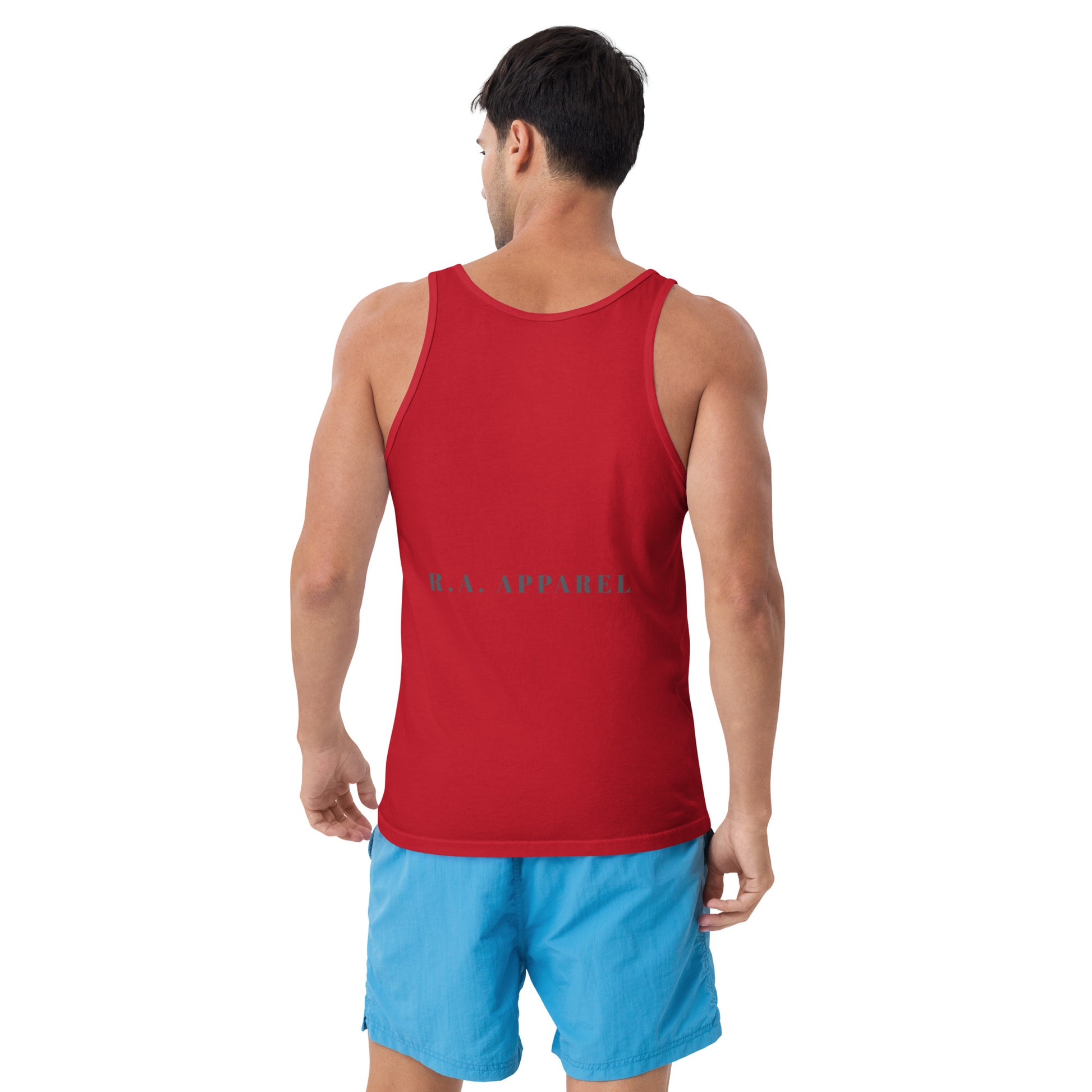 Innerline Men's Tank Top - Left Placement image 10: Navy version, size L with back view of the Look Within range.