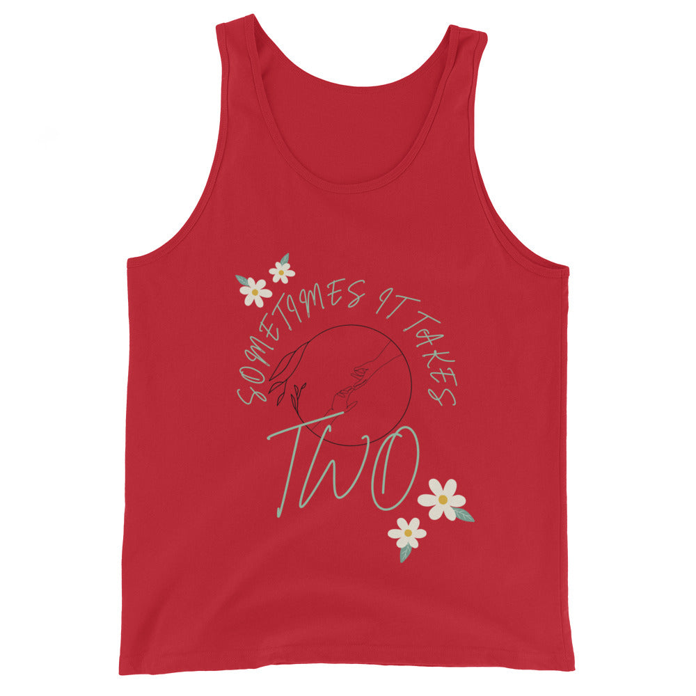 Image 3 of Black Duet Men's Tank Top - Left Placement, size M, with It Takes Two artwork visible in front view.
