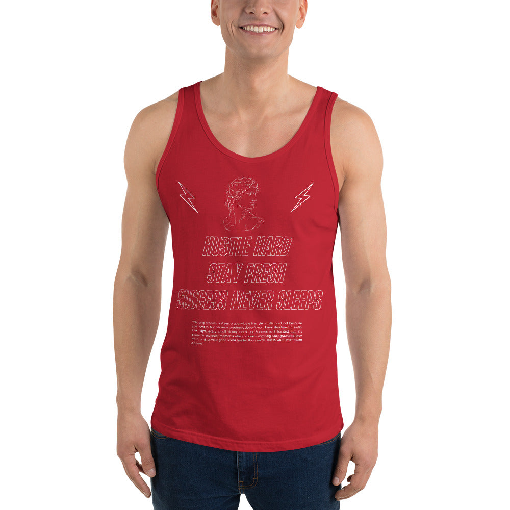 Workrate Men's Tank Top - Left Placement image 9: Navy version, size M with front view of the Hustle Hard range.