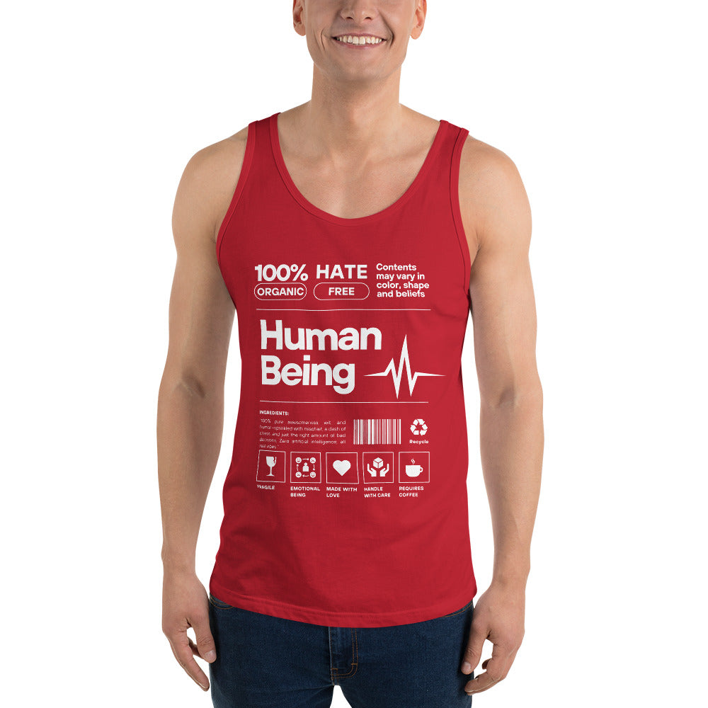 Human Form Men's Tank Top - Left Placement image 9: Navy version, size M with front view of the Human Being range.
