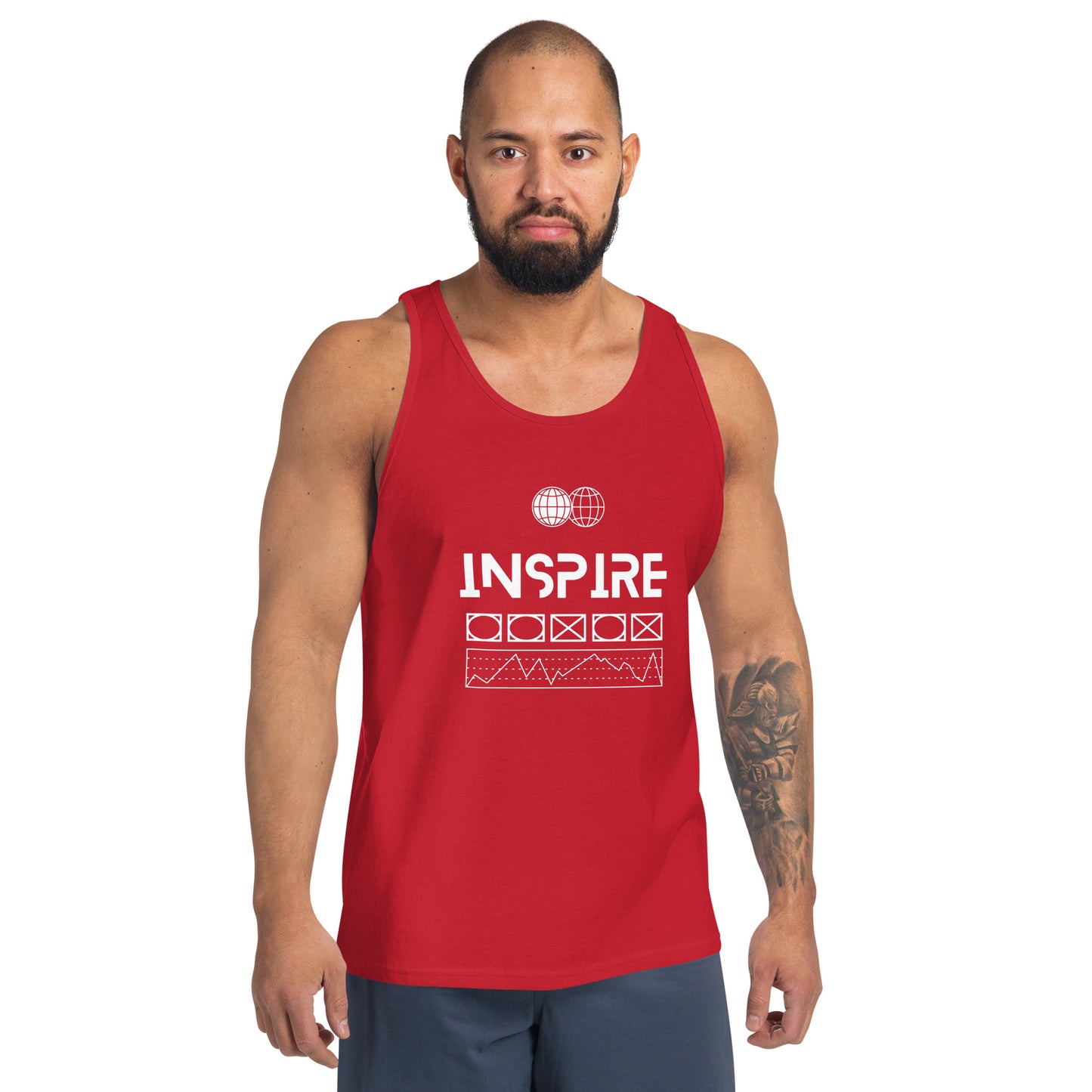 Inspireline Men's Tank Top - Left Placement image 9: Navy version, size M with front view of the Inspire range.