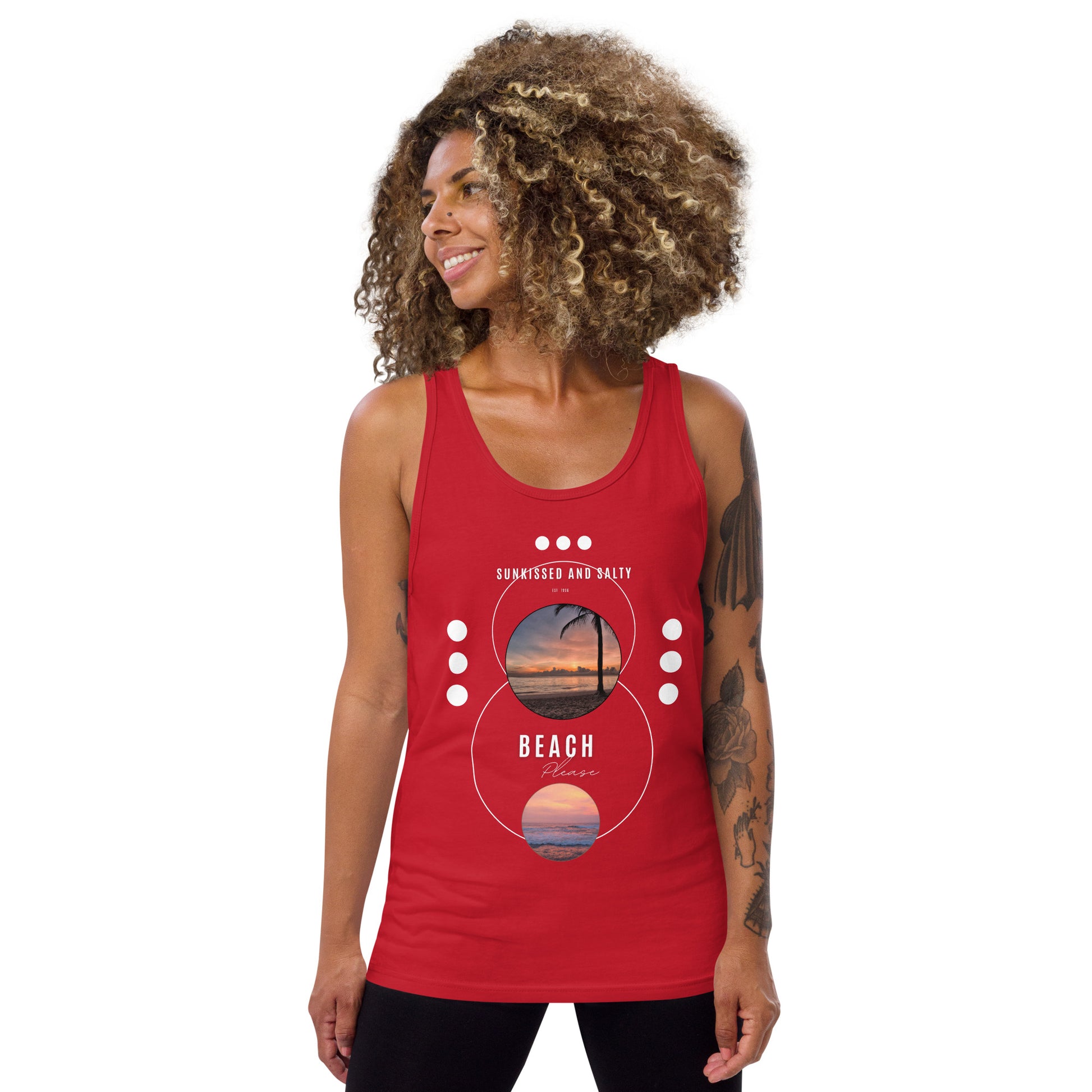 Coastline Attitude Men's Tank Top - Left Placement image 13: Red version, size XS with front view of the Beach Please range.