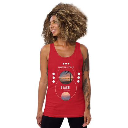 Coastline Attitude Men's Tank Top - Left Placement image 13: Red version, size XS with front view of the Beach Please range.
