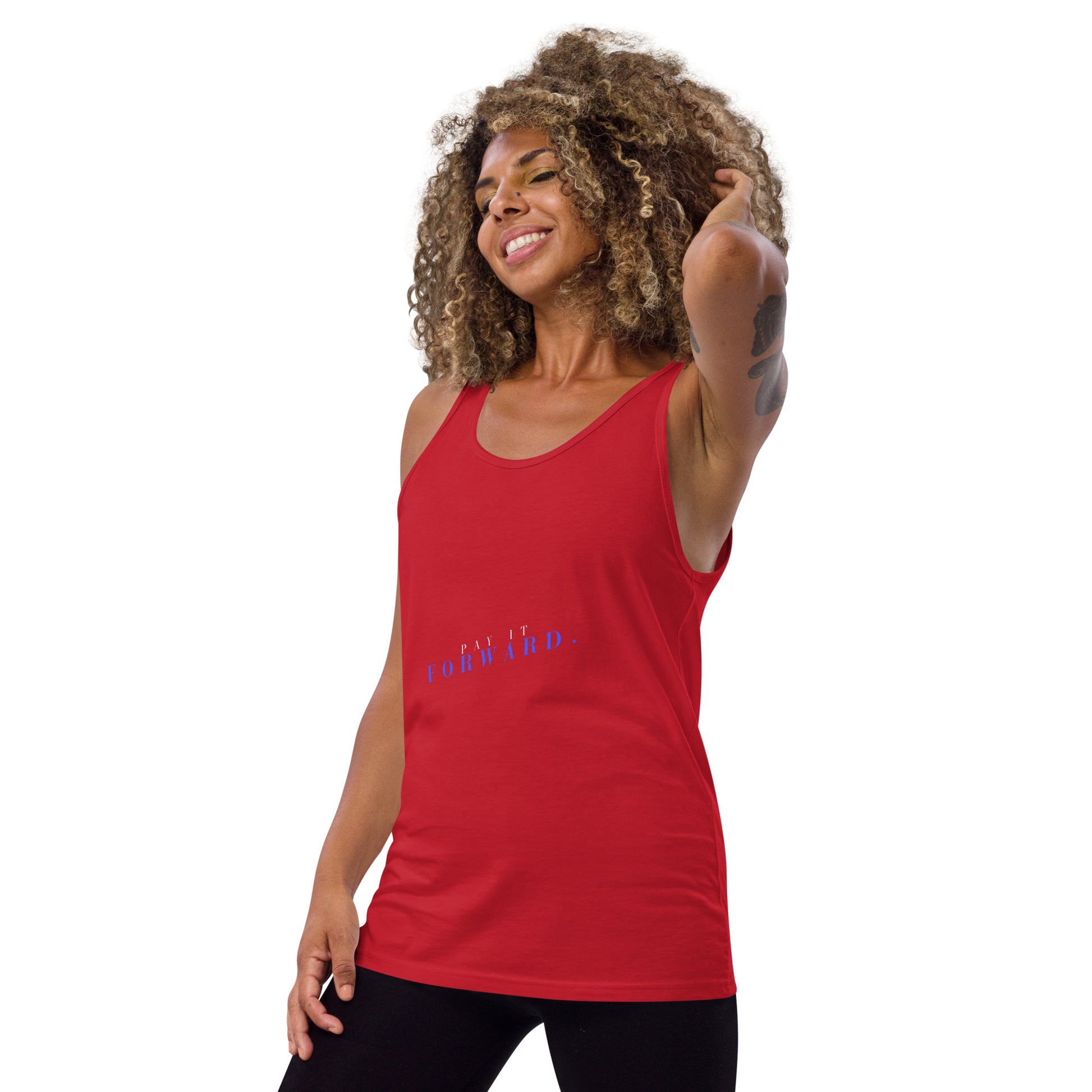 Forward Kind Men's Tank Top - Left Placement by R.A. Apparel, image 14, front view, left-side angle, Red, size S, left placement.