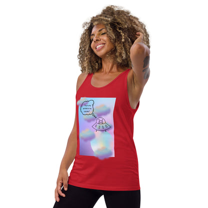 Image 14 of Red Sprinkle Theory Men's Tank Top - Left Placement, size S, with You're the Sprinkle to My Cupcake artwork visible in front view, left-side angle.