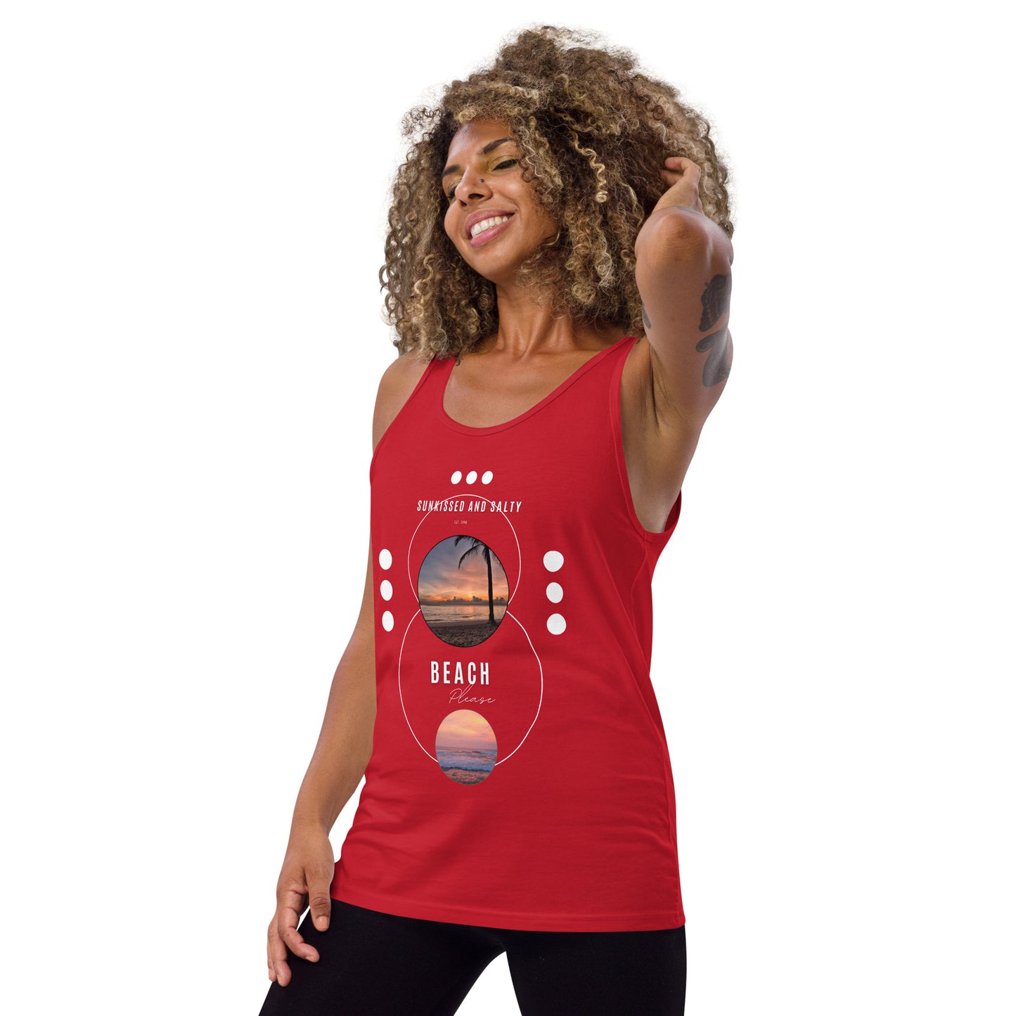 Image 14 of Red Coastline Attitude Men's Tank Top - Left Placement, size S, with Beach Please artwork visible in front view, left-side angle.