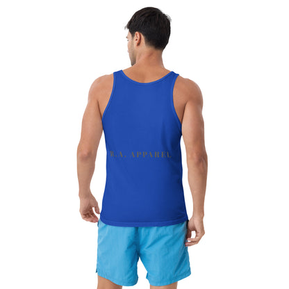 Growthline Men's Tank Top - Left Placement image 6: Navy version, size XS with back view of the Growth range.