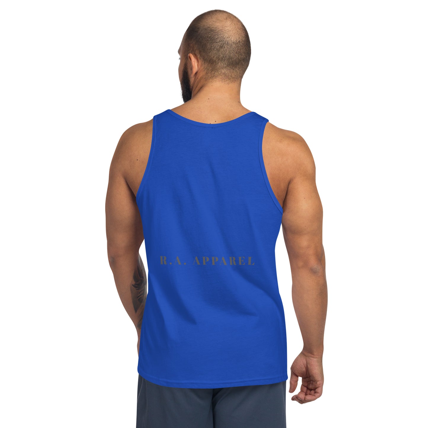 Inspireline Men's Tank Top - Left Placement by R.A. Apparel, image 6, back view, Black, size 2XL, left placement.