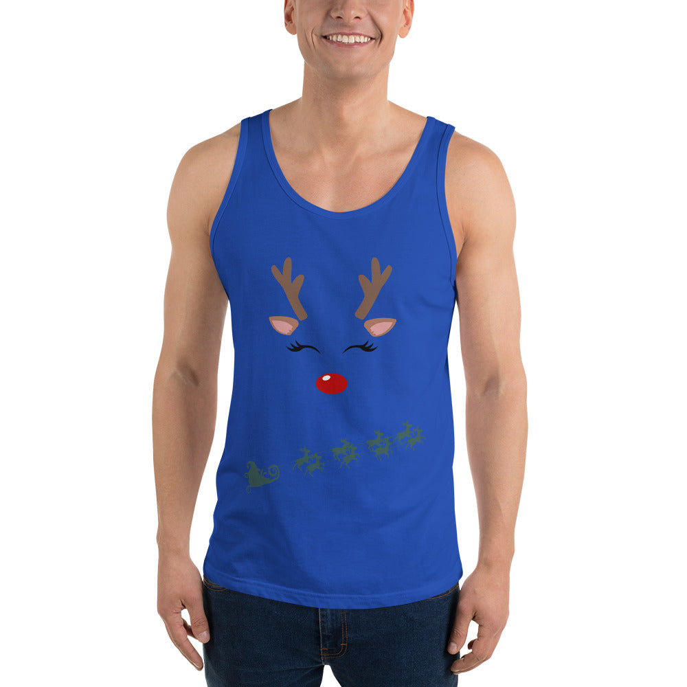Northern Run Men's Tank Top - Left Placement image 3: Navy version, size M with front view of the Reindeer range.
