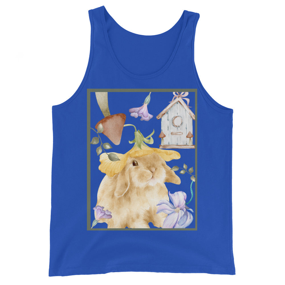 Image 5 of Black Meadow Club Men's Tank Top - Left Placement, size XL, with Bunny Collage artwork visible in front view.