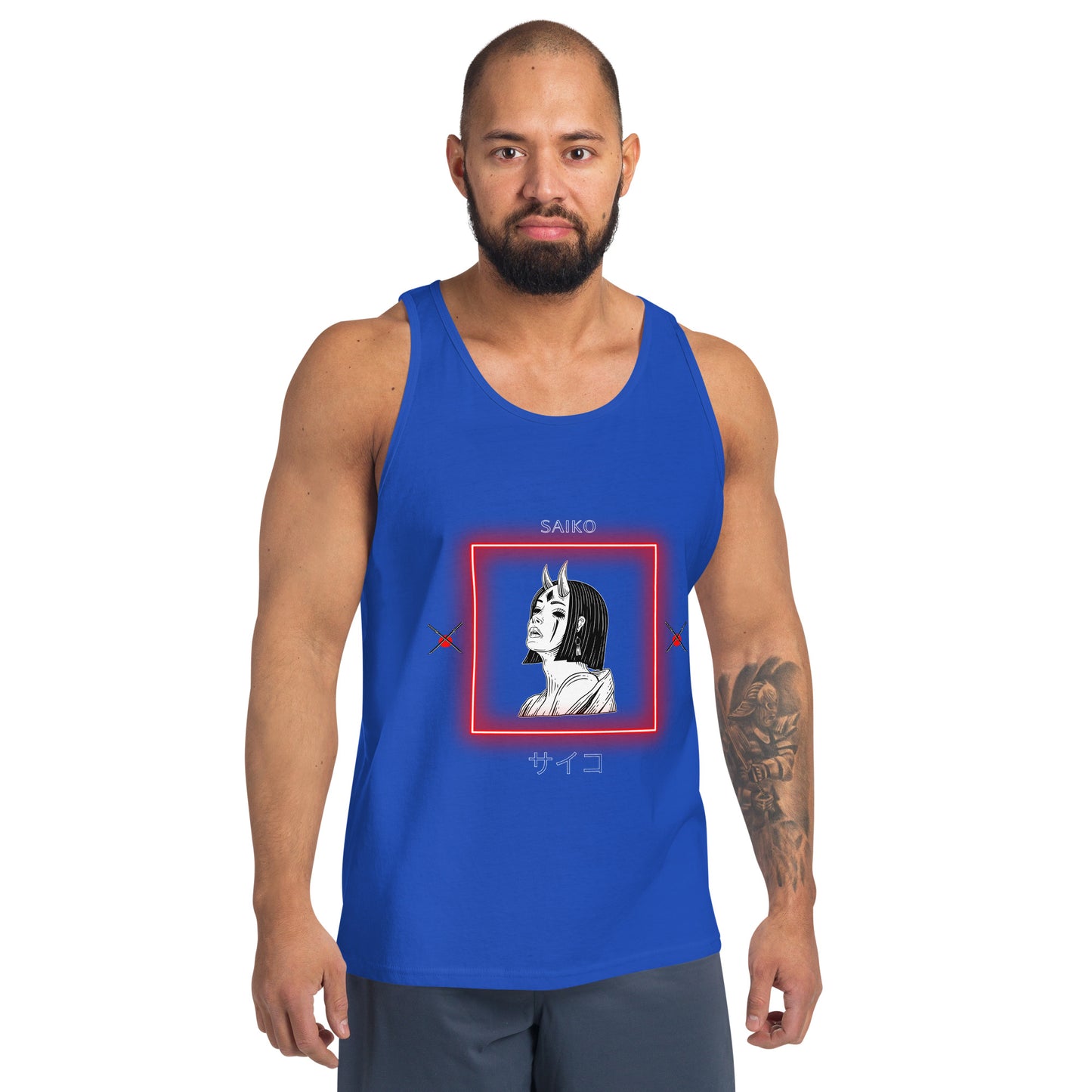 Image 5 of Black Saiko Men's Tank Top - Left Placement 30, size XL, with Saiko artwork visible in front view.
