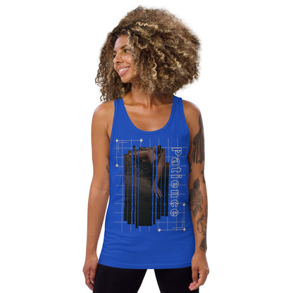 Image 5 of Black Stillwater Men's Tank Top - Left Placement, size XL, with Patience artwork visible in front view.