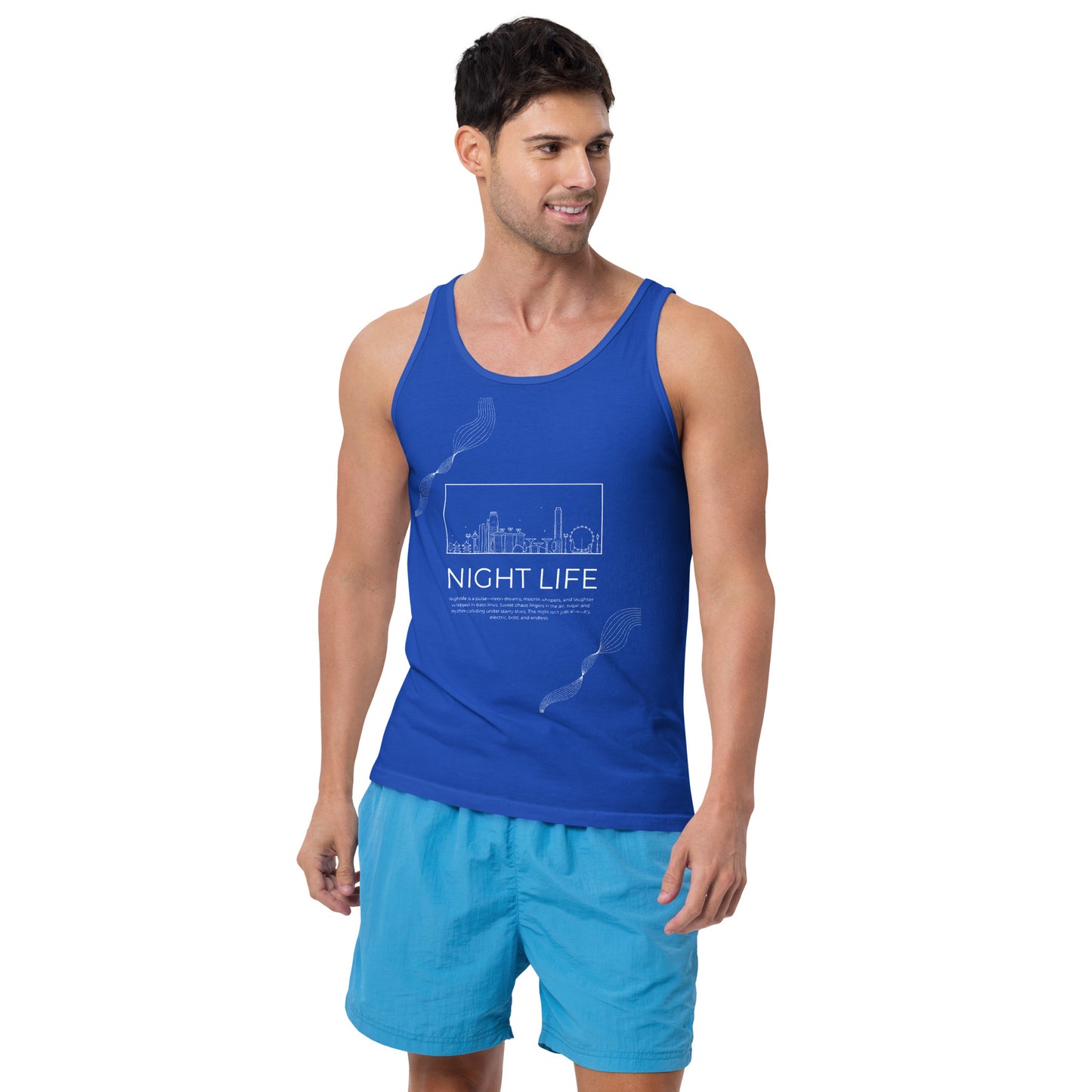 Afterhours Men's Tank Top - Left Placement image 3 in Black, size M, showing front view for the Night Life design.