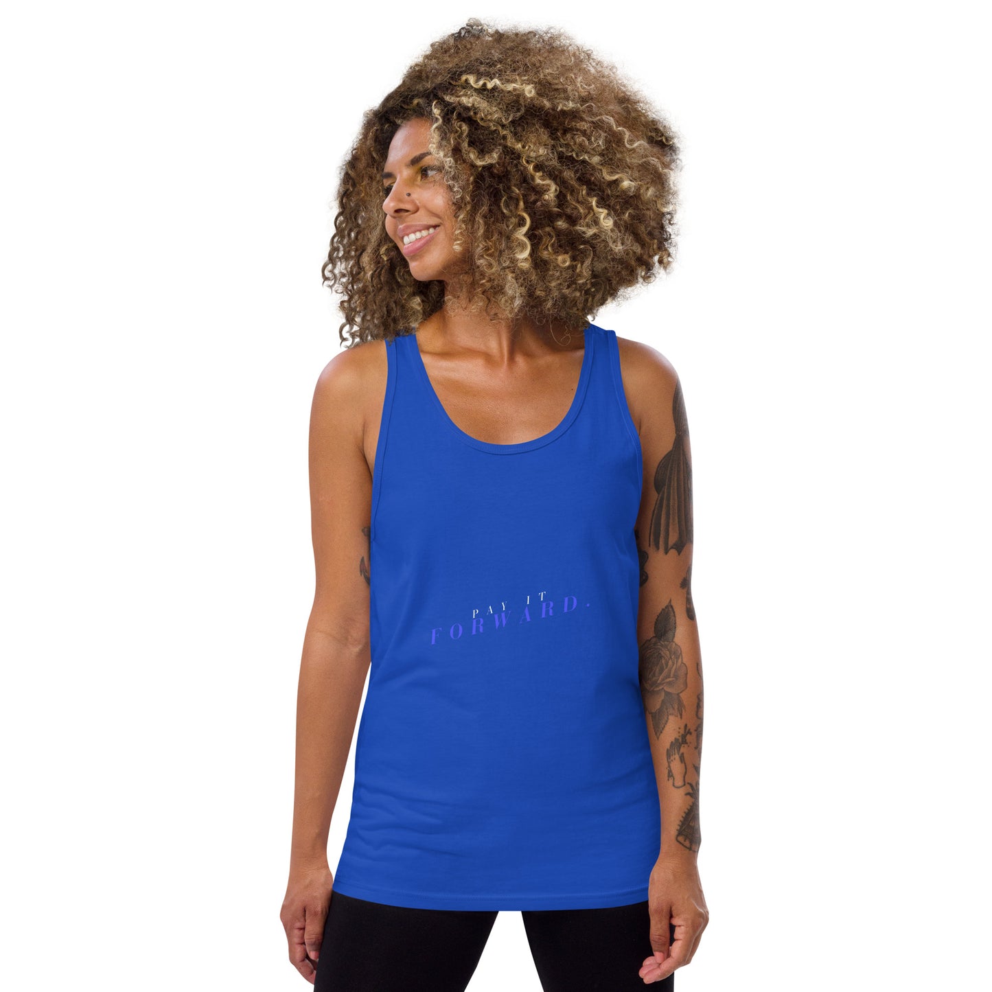 Image 7 of Navy Forward Kind Men's Tank Top - Left Placement, size XS, with Pay It Forward artwork visible in front view.