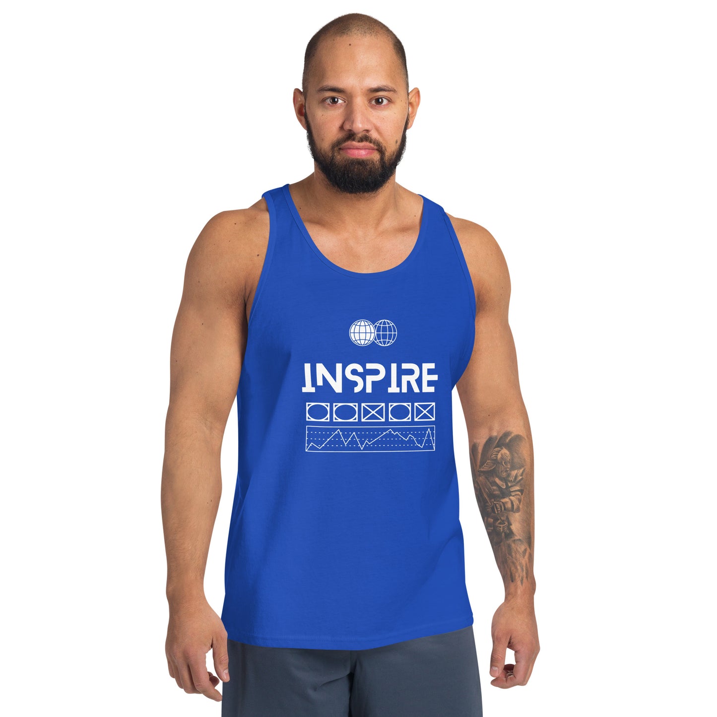 Image 5 of Black Inspireline Men's Tank Top - Left Placement, size XL, with Inspire artwork visible in front view.