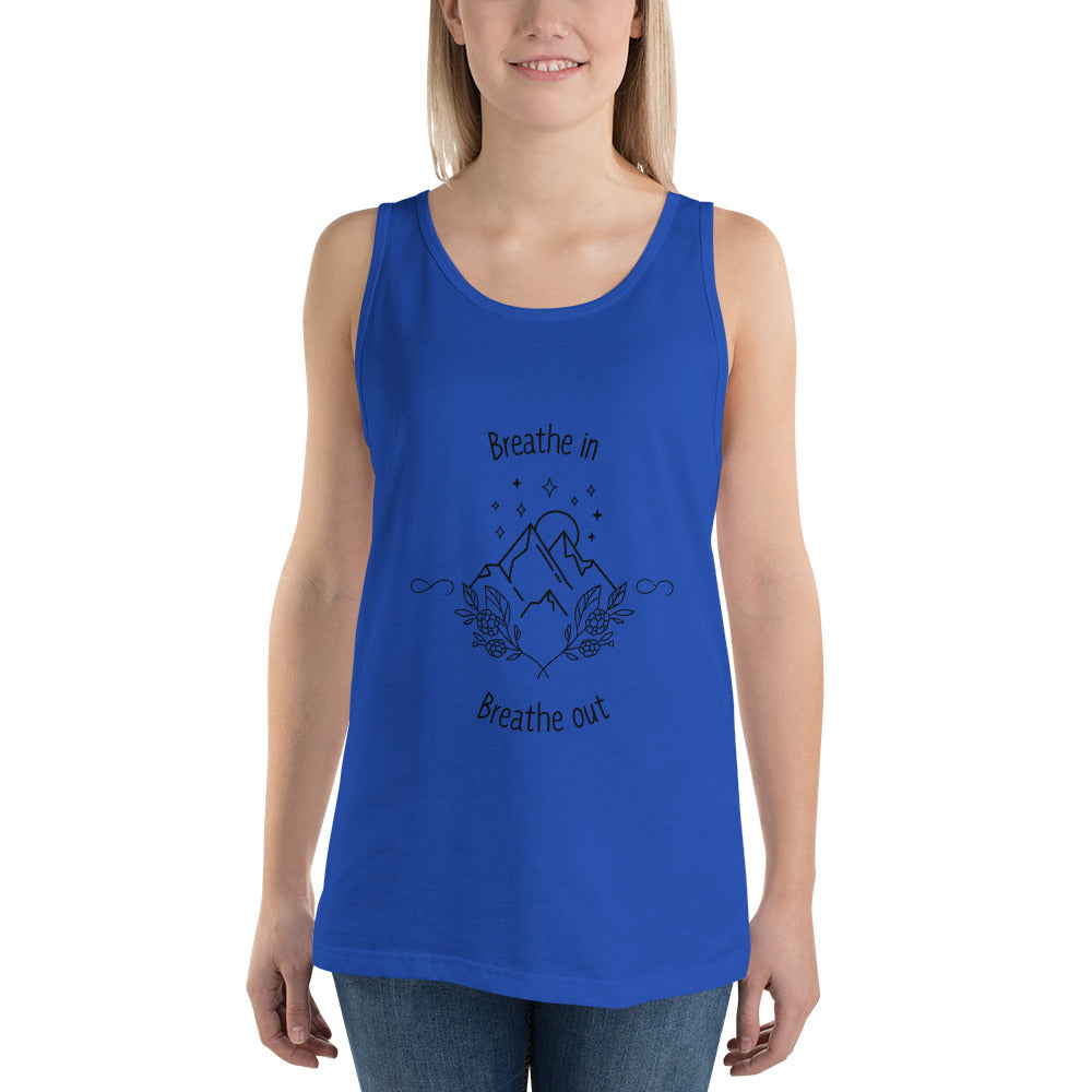 Image 5 of Black Exhale Men's Tank Top - Left Placement, size XL, with Breathe in and Breathe Out artwork visible in front view.