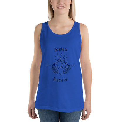 Image 5 of Black Exhale Men's Tank Top - Left Placement, size XL, with Breathe in and Breathe Out artwork visible in front view.