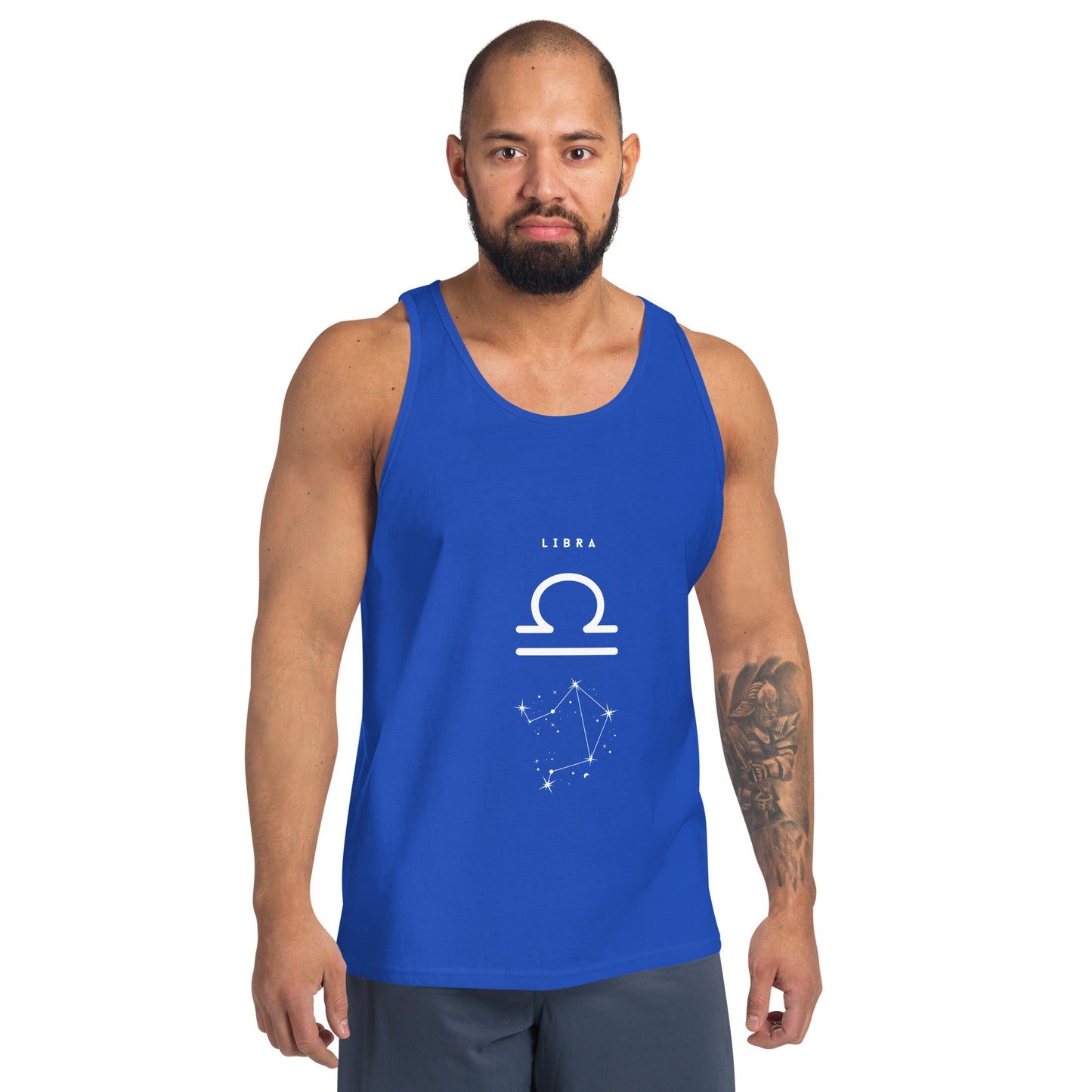 Balance Court Men's Tank Top - Left Placement image 5: Black version, size XL with front view of the Libra range.
