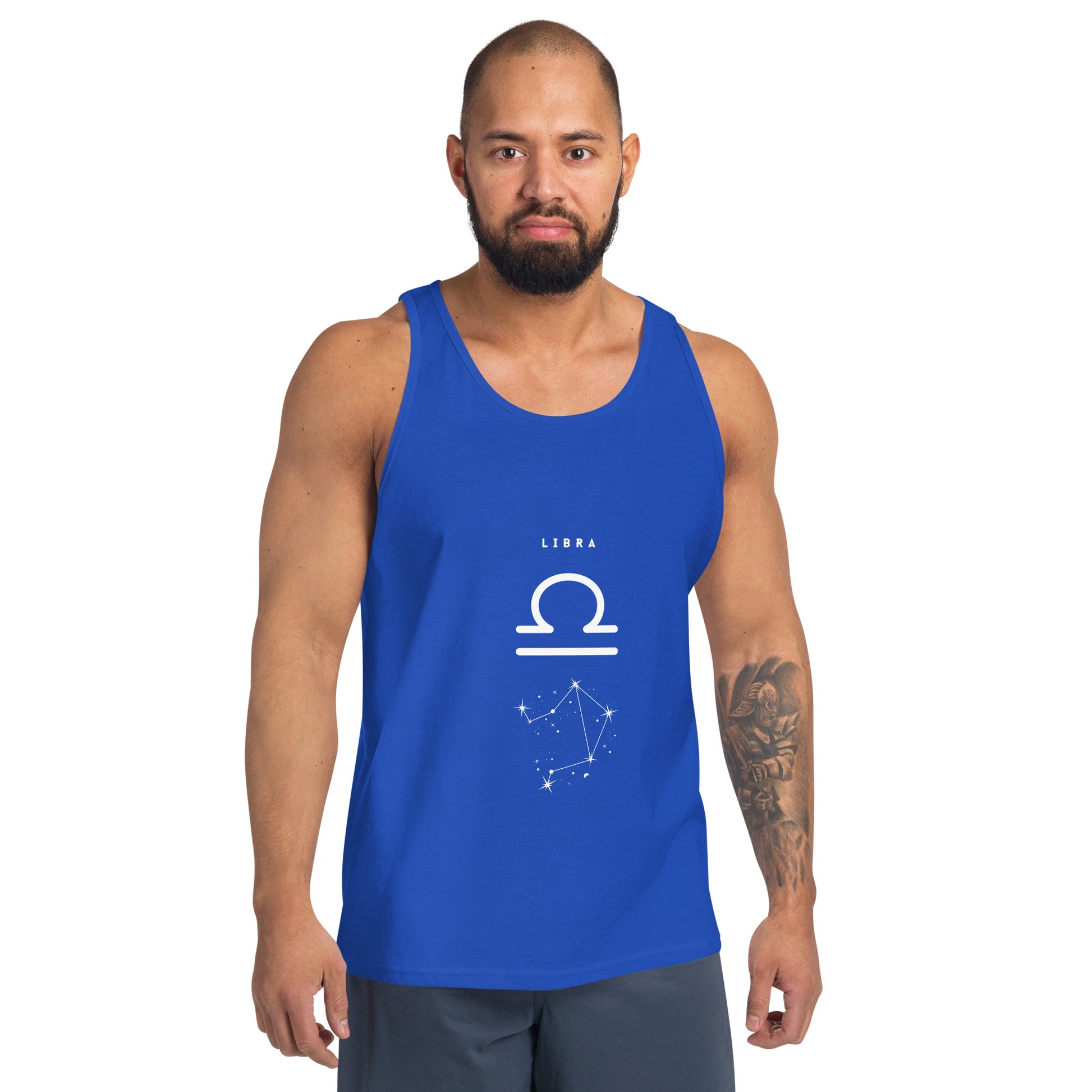 Balance Court Men's Tank Top - Left Placement image 5: Black version, size XL with front view of the Libra range.