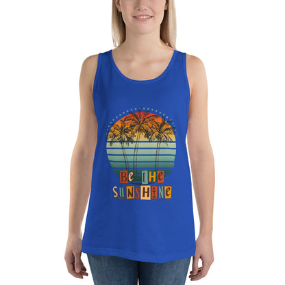 Image 7 of Navy Solara Tank Top, size M, with Be the Sunshine artwork visible in front view.