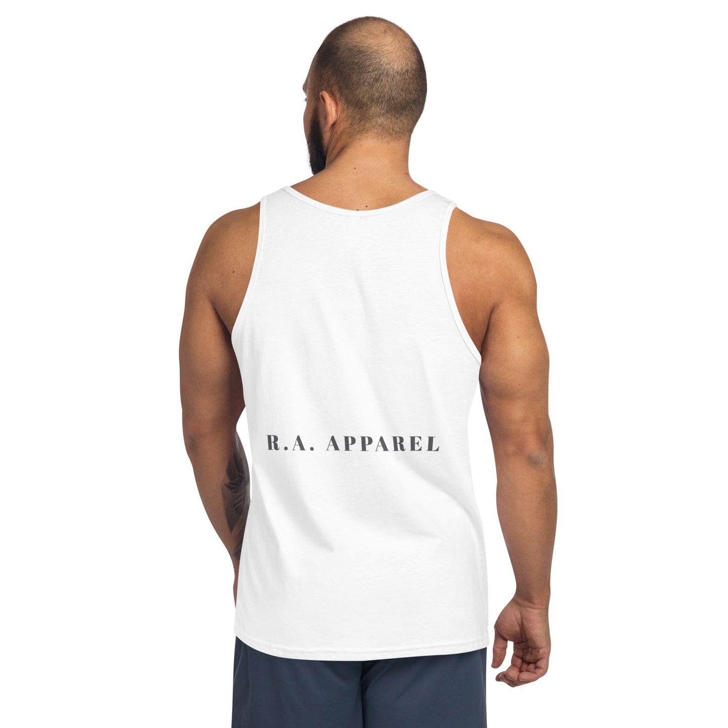 Image 10 of Red Festive Mood Men's Tank Top - Left Placement, size L, with Xmas Mood artwork visible in back view.