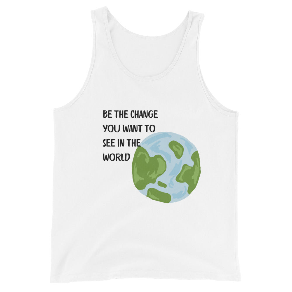Image 5 of Black Change Signal Men's Tank Top - Left Placement, size XL, with Be the Change artwork visible in front view.