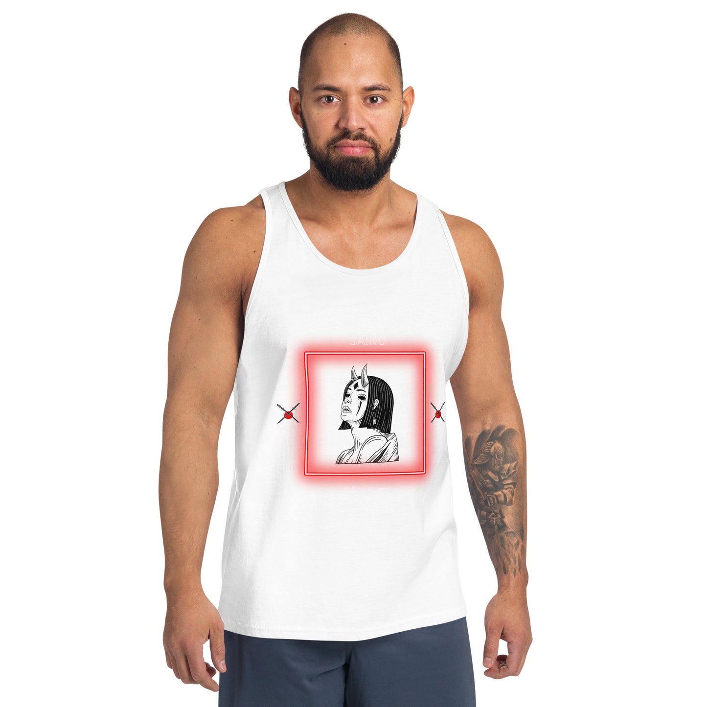 Saiko Men's Tank Top - Left Placement 30 by R.A. Apparel, image 9, front view, Navy, size M, left placement.