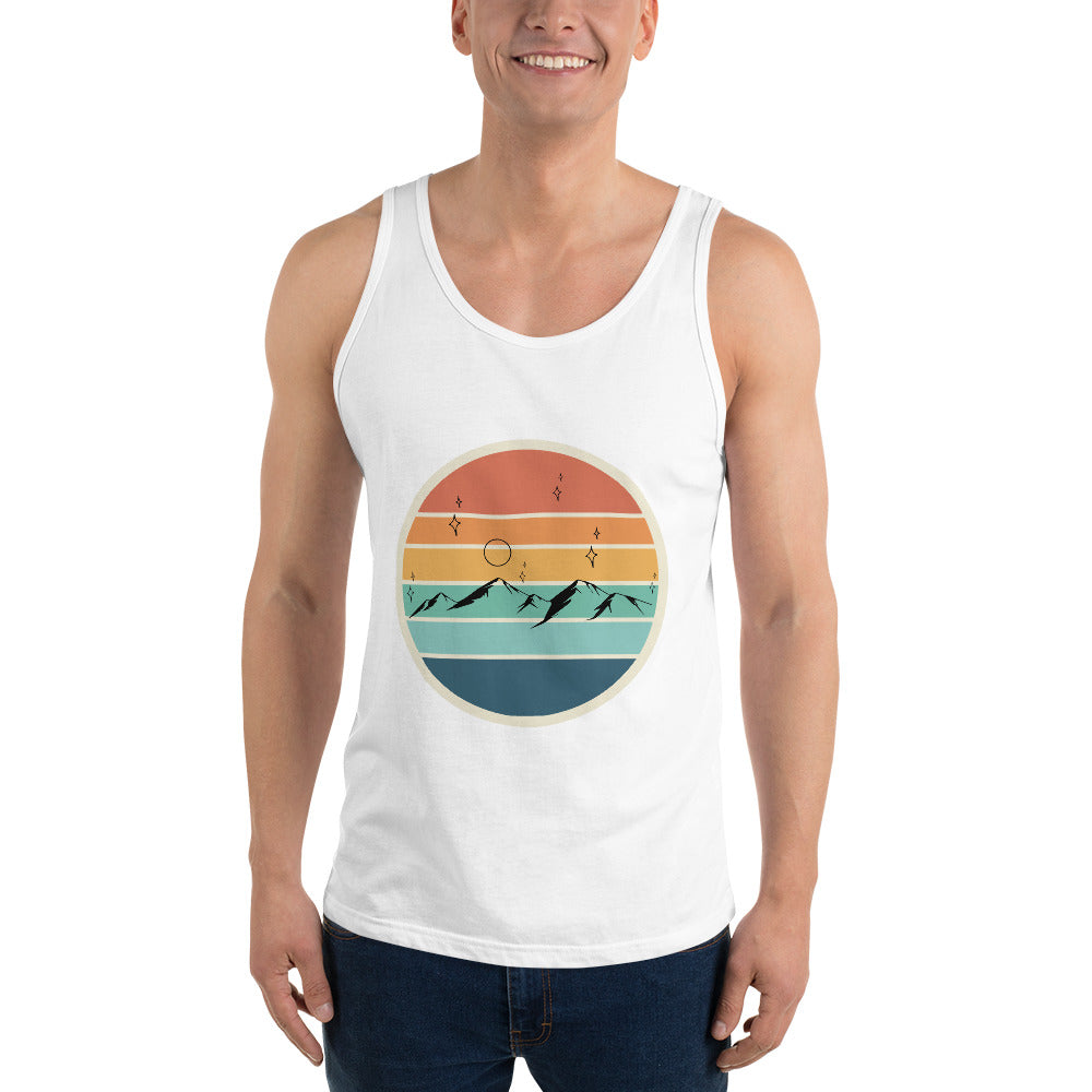 Summitline Men's Tank Top - Left Placement image 11: Navy version, size XL with front view of the Mountain Range range.