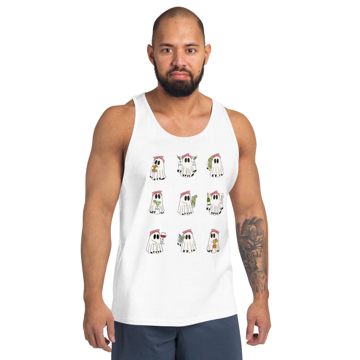 Image 11 of Red Little Haunts Men's Tank Top - Left Placement, size XS, with Ghosties 1 artwork visible in front view.