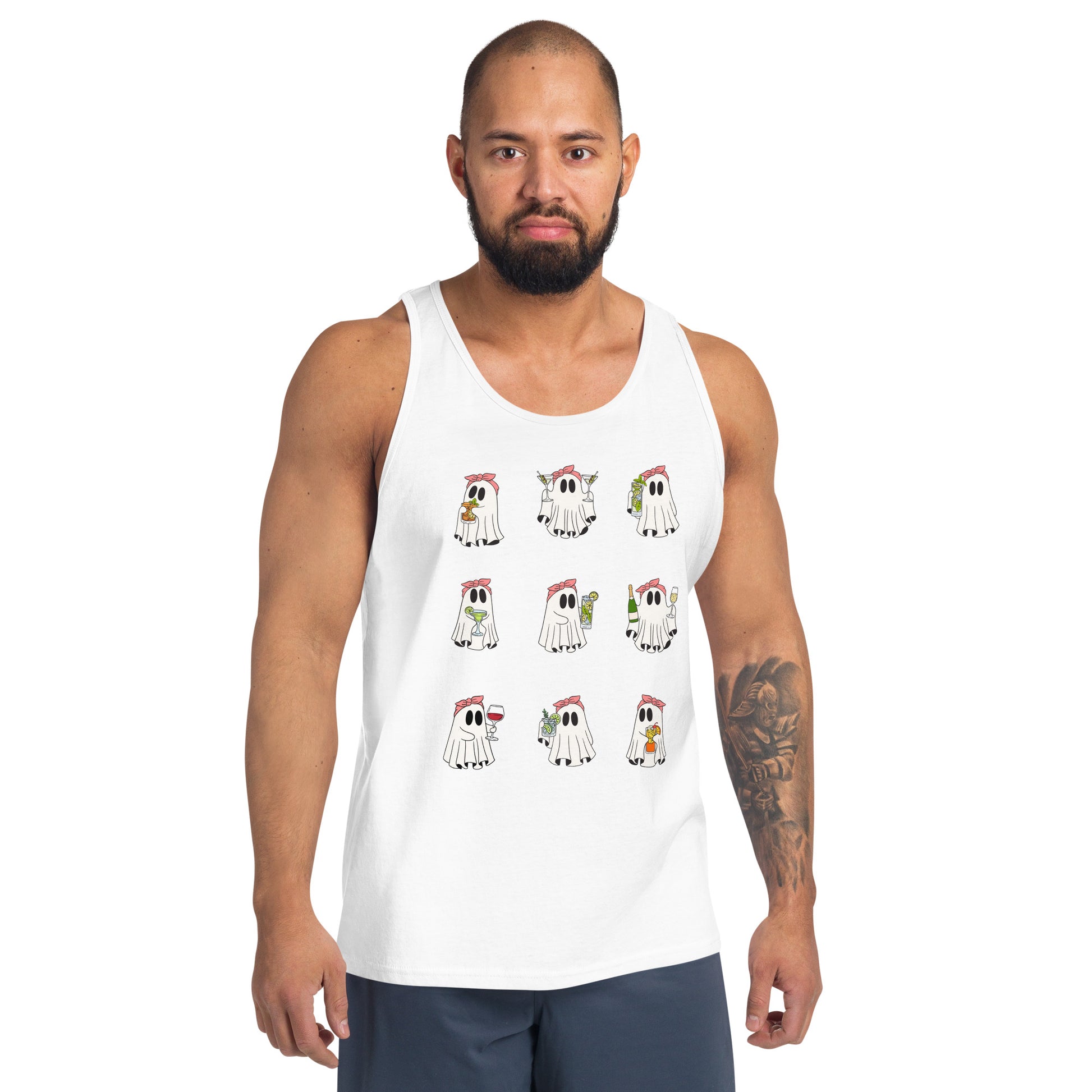 Image 11 of Red Little Haunts Men's Tank Top - Left Placement, size XS, with Ghosties 1 artwork visible in front view.