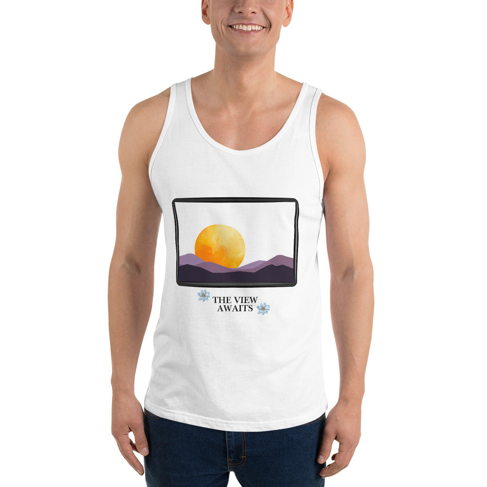 Image 11 of Red Avenor Tank Top, size S, with The View Awaits artwork visible in front view.
