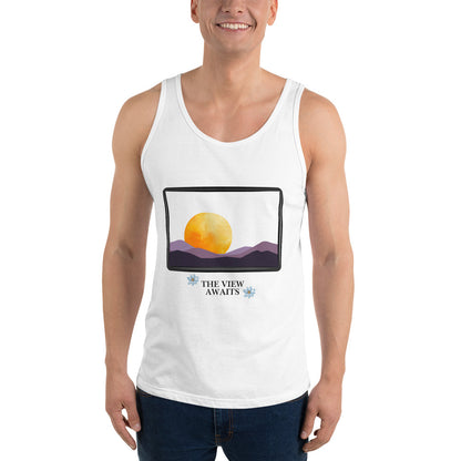 Image 11 of Red Avenor Tank Top, size S, with The View Awaits artwork visible in front view.
