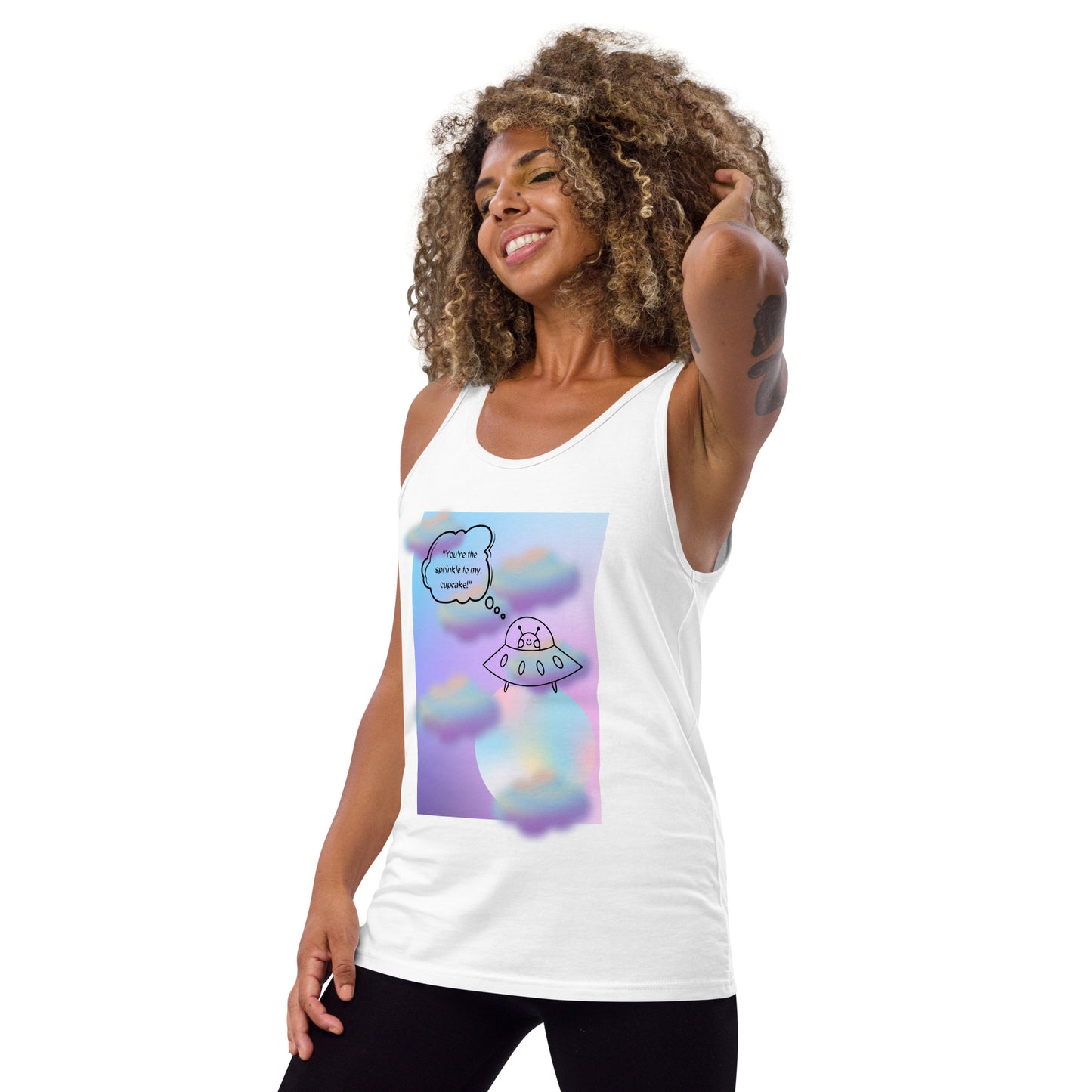 Image 17 of Red Sprinkle Theory Men's Tank Top - Left Placement, size XL, with You're the Sprinkle to My Cupcake artwork visible in front view, left-side angle.